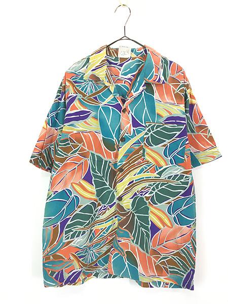 古着 80s USA製 Duke Kahanamoku ボタニカル フラワー アート 開襟 レーヨン アロハ ハワイアン シャツ L