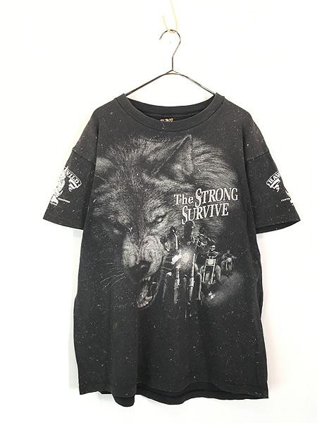 古着 90s USA製 3D EMBLEM イノシシ オオカミ ウルフ バイカー モノクロ Tシャツ L 古着