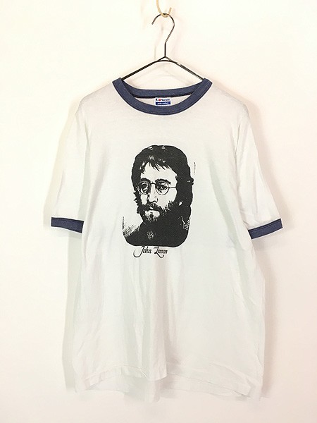 古着 80s USA製 The Beatles John Lennon 希少!! モノクロ アート ロック ミュージック リンガー Tシャツ XL位