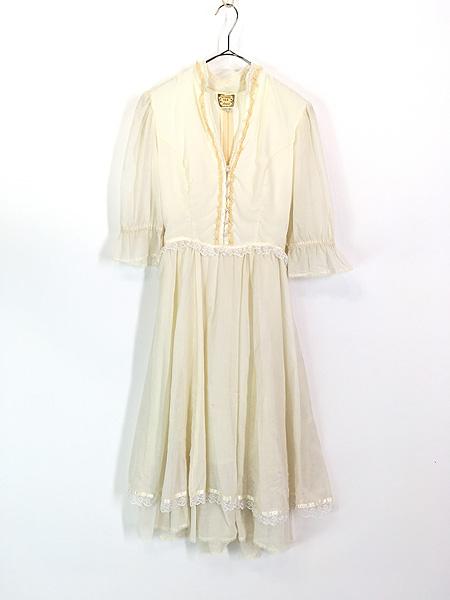 レディース 古着 70s USA製 GUNNESAX レース フリル パール ビーズ 半袖 ワンピース ドレス ミディアム丈 L位 古着