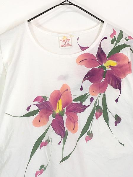 レディース 古着 90s 花 フラワー 水彩画風 ハンド アート ペイント Tシャツ L位 古着