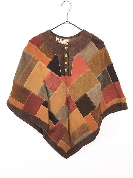 レディース 古着 70s Canada製 CUiKEX 本革 スエード レザー パッチワーク ポンチョ ジャケット M位 古着の通販は 7,392円