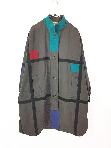 レディース 古着 80s CHARLES KLEIN カラフル ブロック モンドリアン風 スタンドネック ウール コート L位 古着