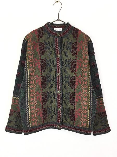 レディース 古着 90s 英国製 Cherry Leuis 異素材 ベロア ボタニカル 総柄 ウール ニット カーディガン S 古着