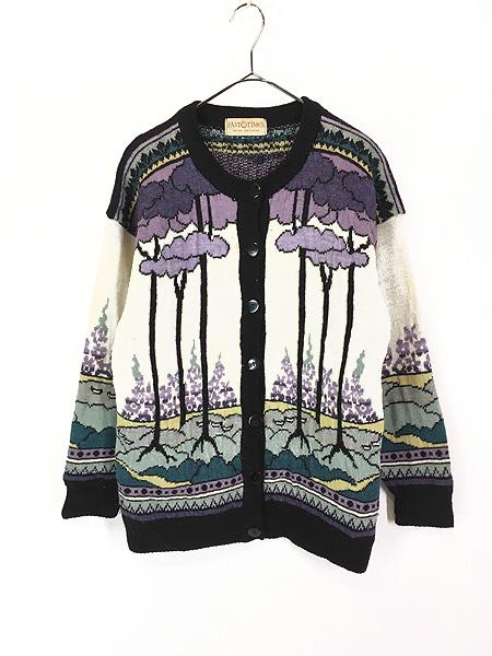 レディース 古着 80s 英国製 PAST TIMES 森 お城 風景 アート ウール ヘビー ニット カーディガン M位 古着