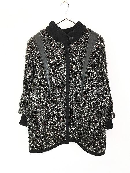 レディース 古着 90s daniel フェイク レザー パイピング ツイード風 ネップ ニット ジャケット L 古着