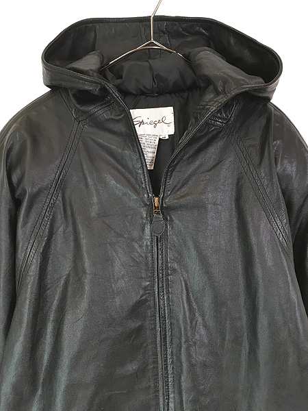 レディース 古着 90s Spiegel 本革 レザー パデット フーディー ロング ジャケット M 古着の通販は