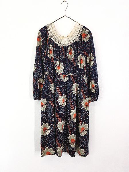 レディース 古着 70s 花 フラワー ボタニカル 総柄 クロッシェ風ネック デザイン ワンピース ミディアム丈 S位 古着の通販は 6,776円