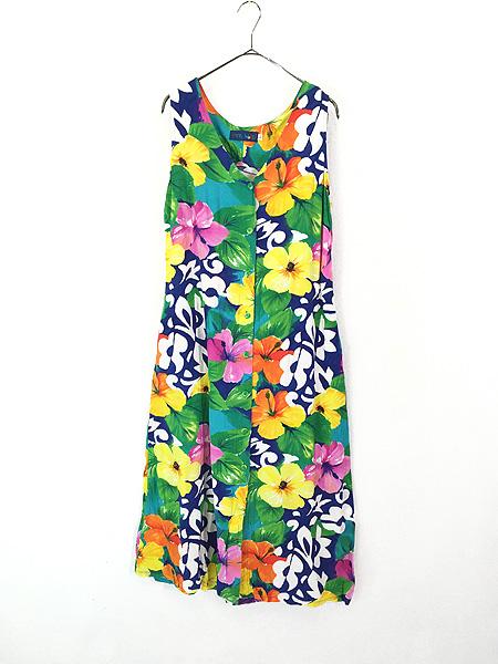 日本製 花咲 80s90sヴィンテージ ノースリーブワンピース 花咲 昭和レトロ USA製 〜80年代 80s 花柄 総柄 ボタニカル レース襟 長袖