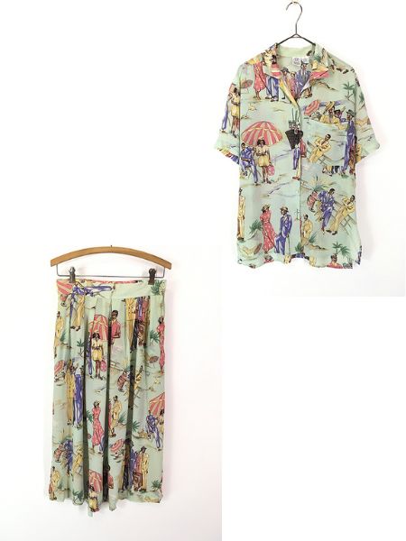 レディース 古着 80s J.G. HOOK 海 リゾート バカンス 総柄 レーヨン 開襟 半袖 シャツ × スカート セットアップ ミモレ丈 M位 古着の通販は 10,032円