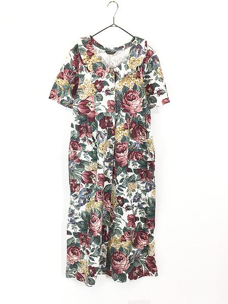 レディース 古着 80s USA製 WILLOWBEND 花 フラワー キャンバス地 半袖 ワンピース マキシ丈 M位 古着