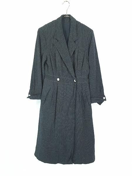 レディース 古着 80s ピンストライプ ダブルボタン リネン チェスター ロング コート M位 古着