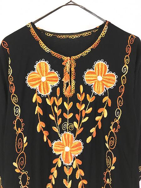 レディース 古着 70s 花 フラワー チェーンステッチ 刺しゅう 8分袖