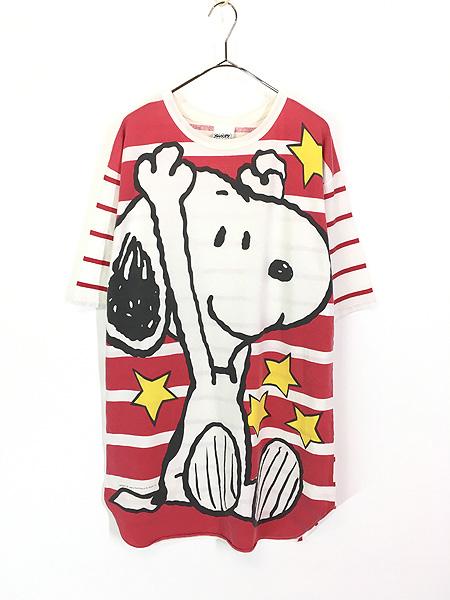 レディース 古着 80s SNOOPY スヌーピー キャラクター プリント ボーダー Tシャツ ワンピース ミニ丈 XL位 古着の通販は 5,324円