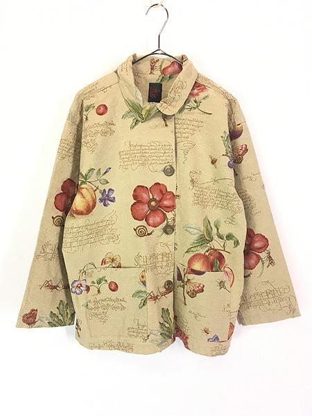 レディース 古着 90s USA製 Garden Gear 果実 昆虫 花 総柄 コットン レーヨン キャンバス カバーオール ジャケット L/XL 古着