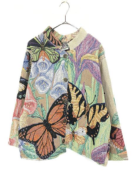 レディース 古着 90s USA製 SUGAR STREET 花 フラワー 蝶々 ゴブラン コットン ジャケット XL位 古着