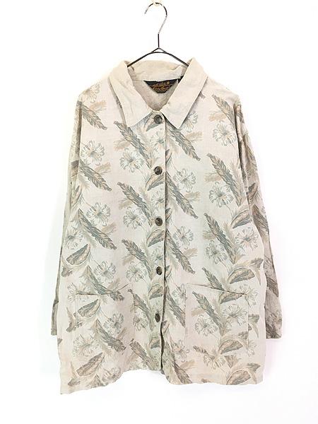 レディース 古着 80s Eddie Bauer 花 フラワー ハイビスカス 総柄 リネン カバーオール ジャケット M 古着