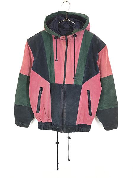 レディース 古着 90s Julia Michaels 3color 切替 本革 スエード レザー フーディー ジャケット S 古着