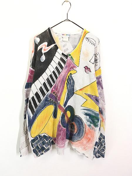 レディース 古着 90s USA製 KOLORWAY 音楽 ミュージック 楽器 ハンドペイント アート コットン ニット セーター L 古着