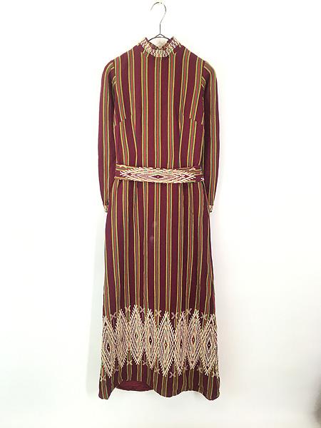 レディース 古着 60-70s Mexico製 Fina Carnacho エスニック ネイティブ ボーダー 刺しゅう スタンドカラー ワンピース マキシ丈 M位 古