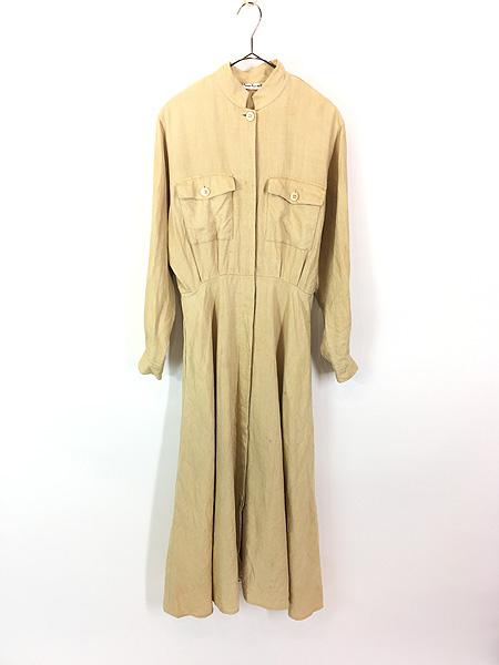 レディース 古着 80s ANNE ?U 無地 ソリッド 比翼 長袖 マンダリンカラー リネン ワンピース ロング丈 L位 古着