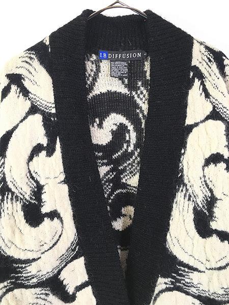 レディース 古着 90s I.B.DIFFUSION S字 カーブ グラフィック 総柄 モヘア ニット カーディガン L 古着