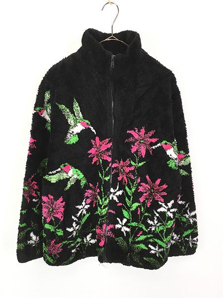 レディース 古着 00s USA製 BLACK MOUNTAIN 花 フラワー 鳥 ハチドリ 総柄 フリース ジャケット M 古着