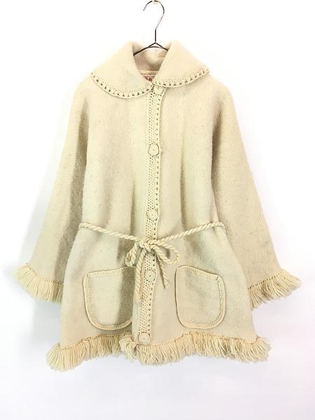 レディース 古着 80s Columbia製 RokaLtda 丸襟 フリンジ デザイン フランネル ウール コート L位 古着