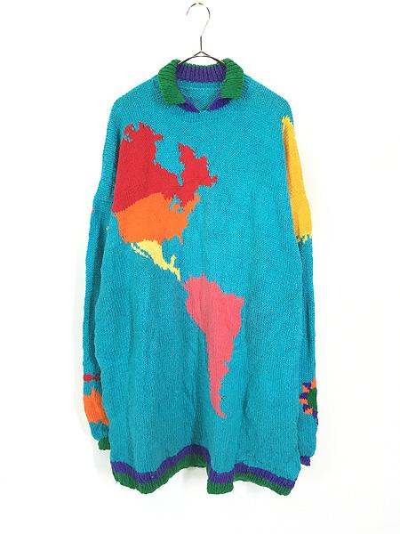 レディース 古着 90s 世界地図 大陸 マップ 総柄 襟付き ロング ニット セーター ワンピース XL位 古着