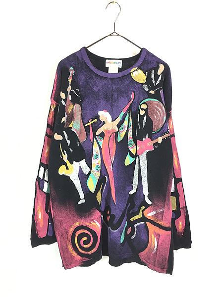 レディース 古着 90s USA製 KOLORWAY 「JAZZ」 ジャズバンド ハンドペイント アート コットン ニット セーター XL位 古着