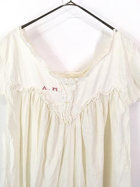 レディース 古着 -30s イニシャル 「A M」 クロスステッチ 刺しゅう 半袖 ヴィンテージ リネン ワンピース ロング丈 M位 古着