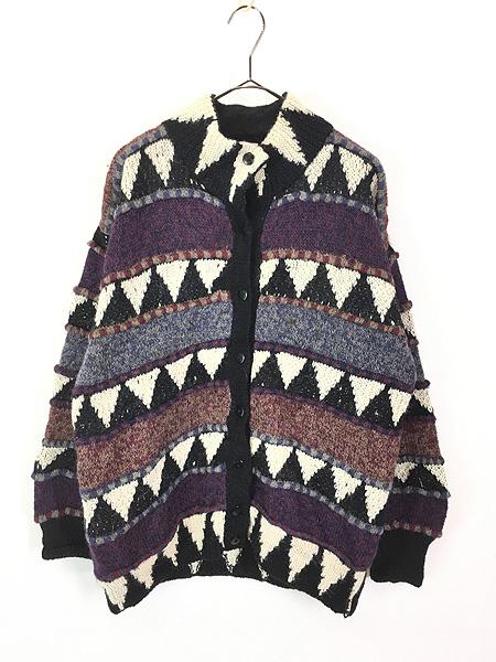 レディース 古着 90s Bolivia製 Hallet ネイティブ マルチ ボーダー 総柄 100％アルパカ ウール ハンド ニット カーディガン S 古着