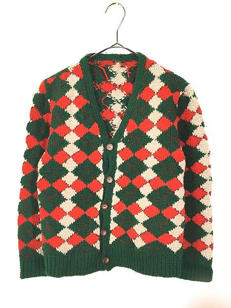レディース 古着 60-70s アーガイル チェック 総柄 ウール ニット カーディガン M位 古着