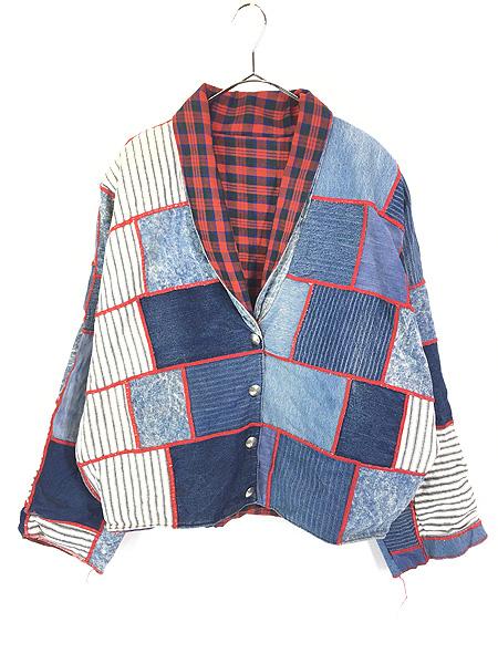 レディース 古着 80s 裏地 チェック ヒッコリー ブルー デニム パッチワーク ショールカラー ジャケット L位 古着