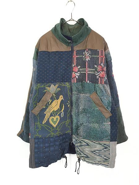 レディース 古着 80-90s 花 ボタニカル 鳥 ゴブラン × フェイクレザー 異素材 パッチワーク デザイン ジャケット L位 古着