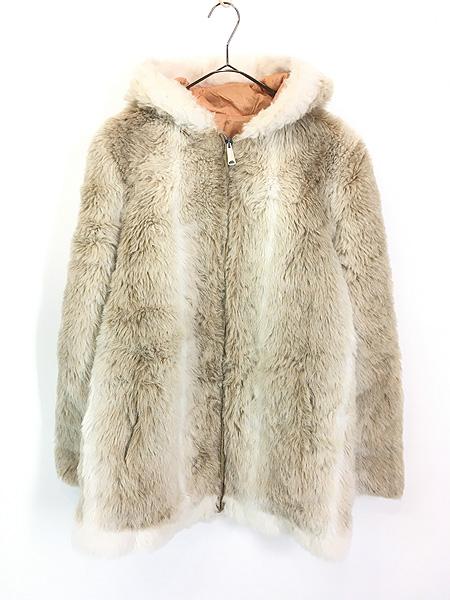 レディース 古着 60s USA製 ストライプ デザイン フーデッド フェイク ファー ジャケット M位 古着