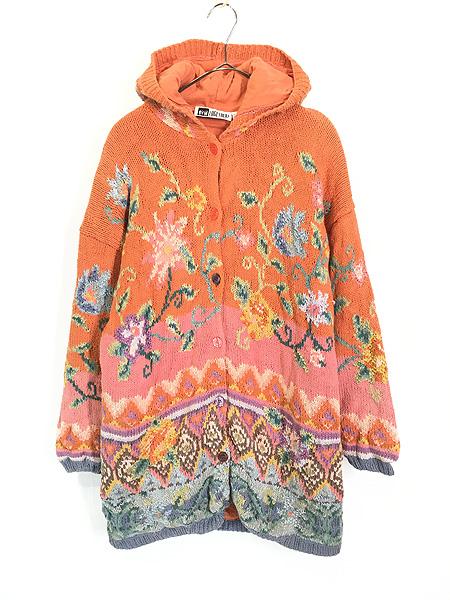 レディース 古着 90s TOGETHER! 裏地付き 花 フラワー ボタニカル コットン ハンドニット フーディー カーディガン L 古着