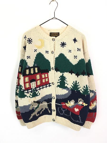 レディース 古着 80s Eddie Bauer 聖なる夜 雪景色 ソリ 総柄 ウール ニット カーディガン M 古着の通販は