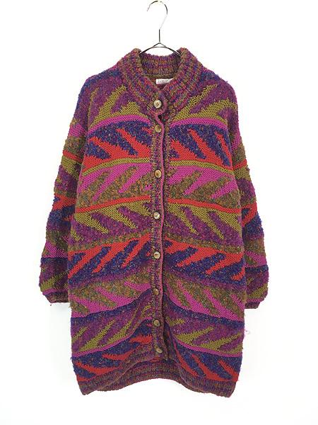 レディース 古着 90s LTM KNITS カラフル MIX ループヤーン ハイネック ロング ニット カーディガン M位 古着