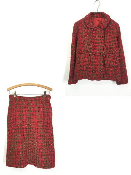 レディース 古着 90 Ireland製 Donegal チェック 手織り ツイード モッズ ジャケット × スカート ミディアム丈 セットアップ M位 古着