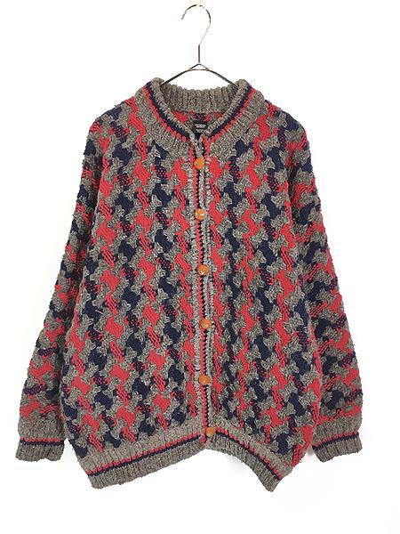 レディース 古着 90s エクアドル製 骨格子 ボーン チェック ヘビー ウール ニット カーディガン M位 古着