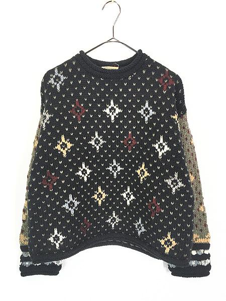 レディース 古着 80s Bulgaria製 LL Bean ダイヤ 総柄 ウール混 ハンド ニット セーター M 古着