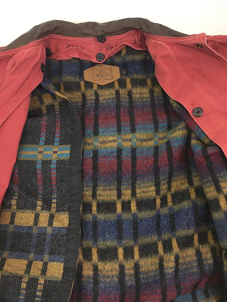 80s woolrich 襟レザー ダック ハンティングジャケット usa製 古着 80s USA製 WoolRich 本革 レザー 襟 ワインレッド ダック