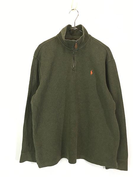 古着 Polo Ralph Lauren ワンポイント ハーフジップ 裾リブなし ハイゲージ コットン ニット セーター オリーブ L 古着の通販は