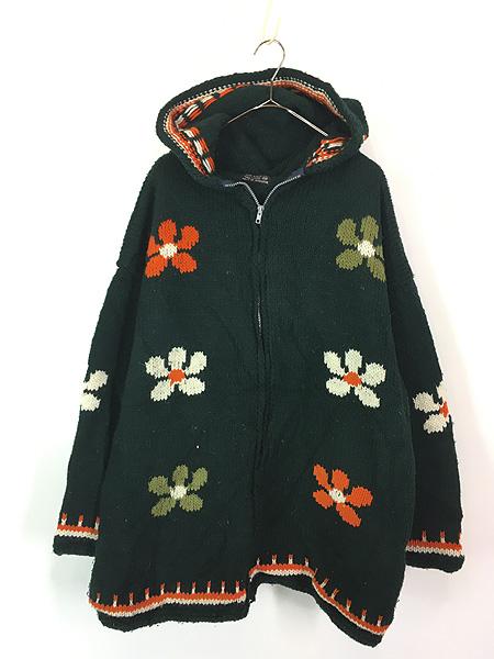 古着 80s エクアドル製 LA LLAMA フラワー デイジー モチーフ ヘビー ウール ニット ジップ パーカー XL位 古着の通販は 19,008円
