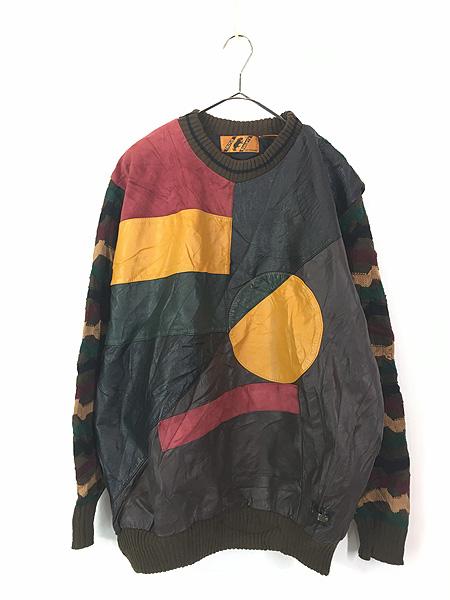 古着 90s TRUTUS 本革 レザー 図形 アート アクリル ニット セーター XXL 古着