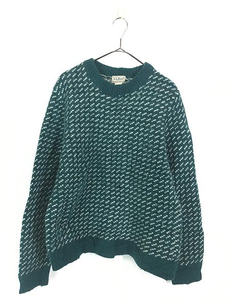 古着 00s ノルウェー製 LL Bean グリーン×ホワイト バーズアイ ヘビー ウール ニット セーター M