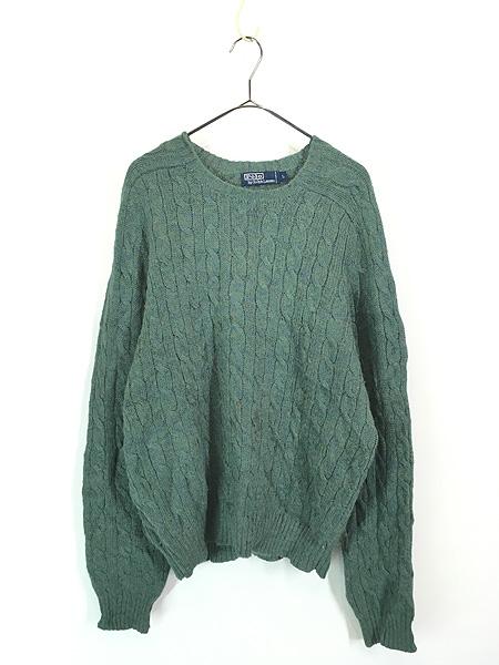 古着 Polo Ralph Lauren ケーブル 上質 100% アルパカ ウール ニット セーター 青緑 L 古着