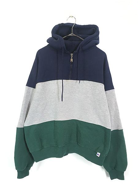 古着 90s USA製 Russell 3tone ボーダー ハーフジップ プルオーバー スウェット パーカー L