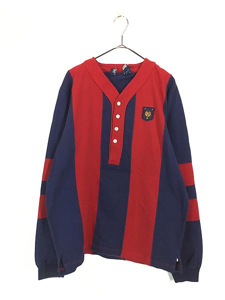 古着 90s USA製 Polo Ralph Lauren 紺×赤 生地 切替 ワイド ストライプ ヘンリーネック 長袖 Tシャツ ロンT L 古着の通販は